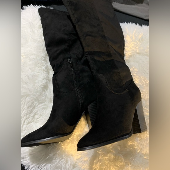 Knee High Boots Stacked Block Heel, Closed Pointed Toe Riding Boots - Picture 5 of 7